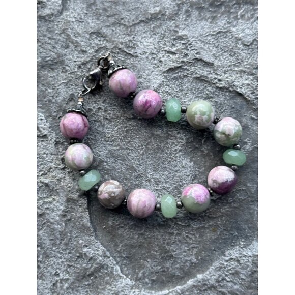 Natural Rhodonite & Aventurine 925 Sterling Silver Beaded Bracelet - Picture 1 of 8